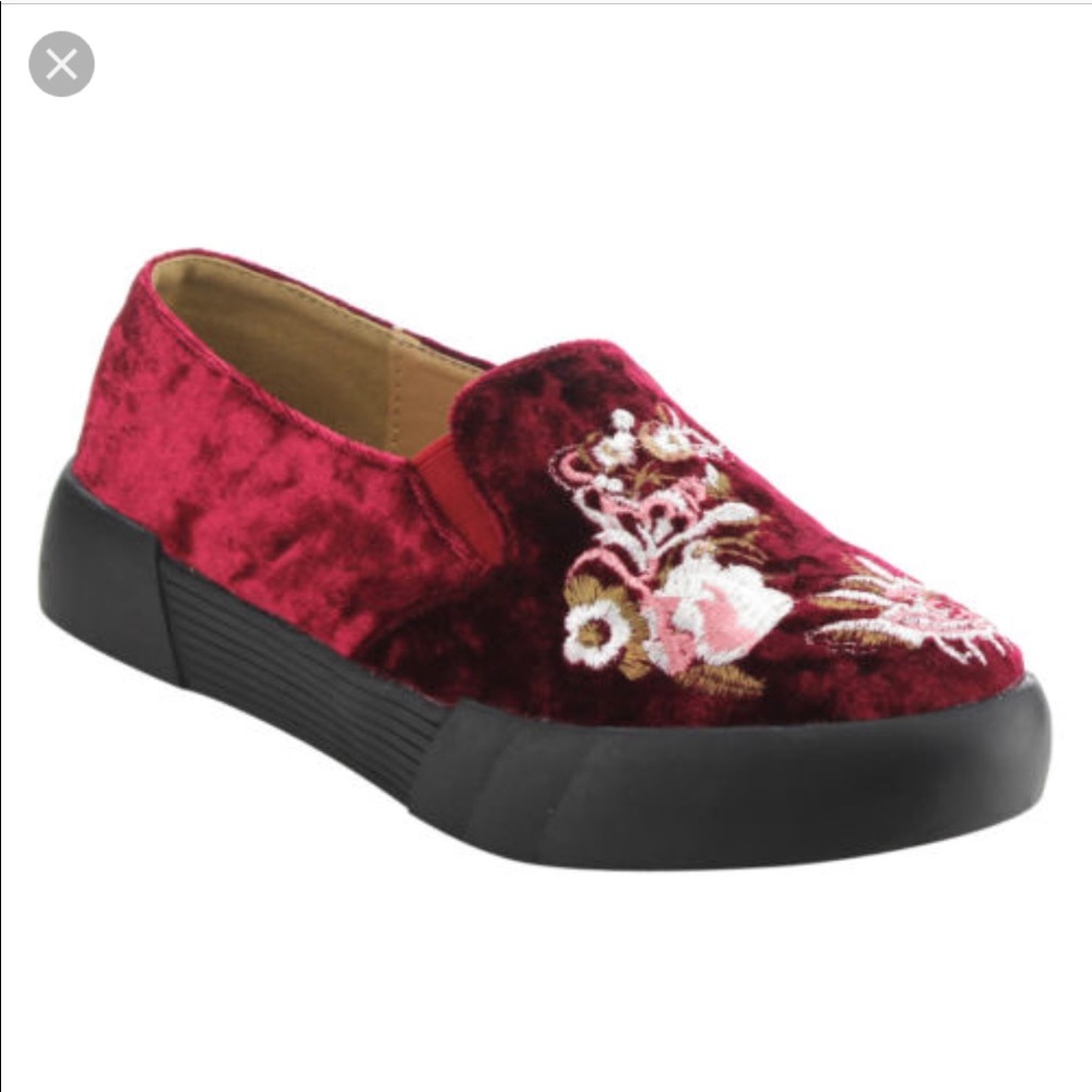 Burgundy floral slip on sneakers velour suede